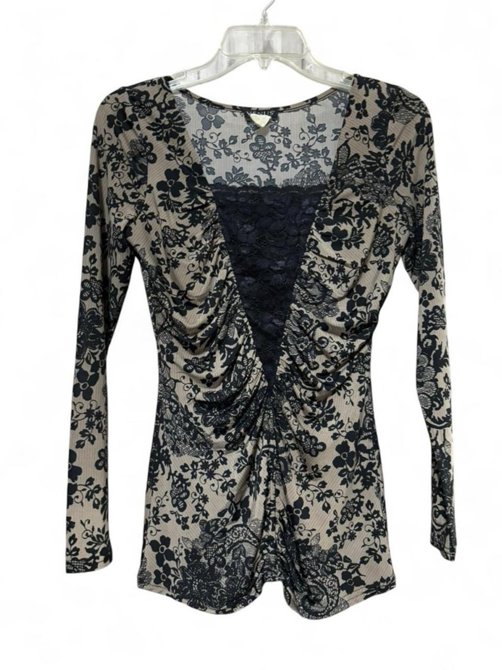 Vintage Venus Y2K Beige & Black Floral Lace-Detail Ruched Top